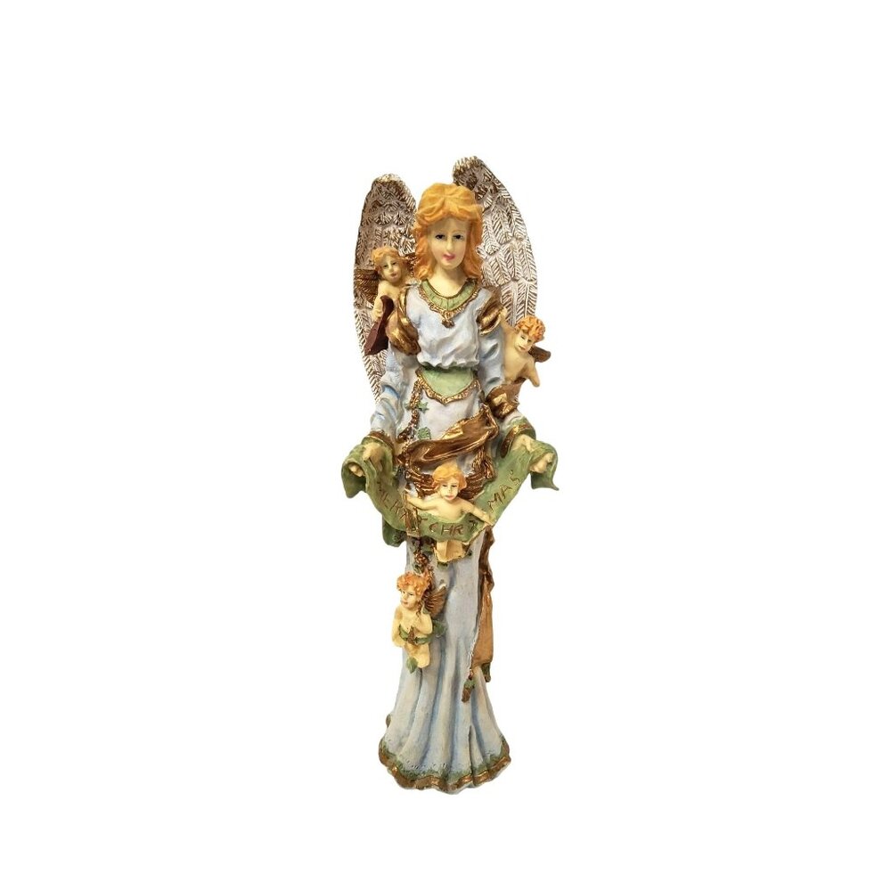 Vintage Tall Slim Resin Angel with Cherubs "Merry Christmas" Figurine in Blue go